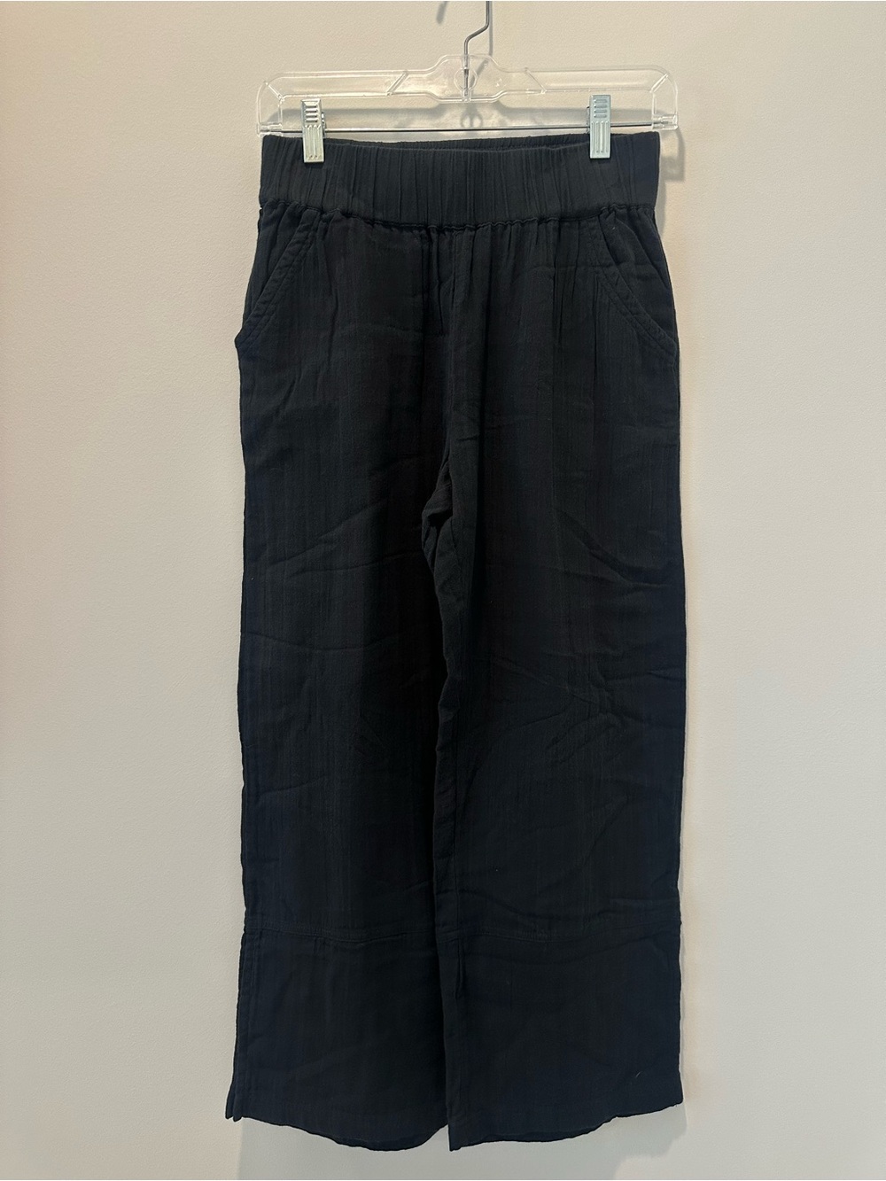 Pact Gauzy Cotton Wide Leg Crop Pants Black Elastic Waist Airplane Travel Small